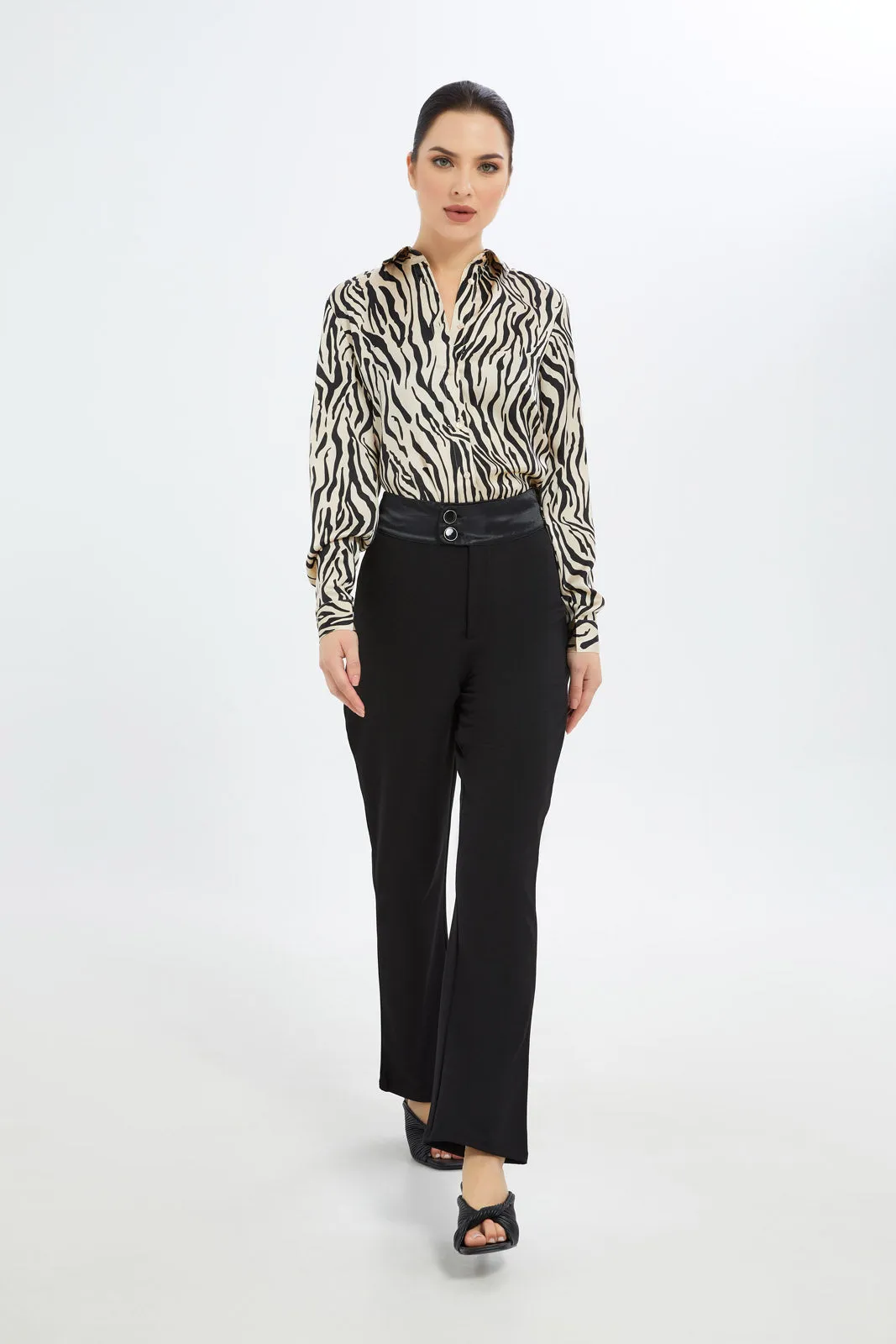 Women Black And Beige Collared Blouse
