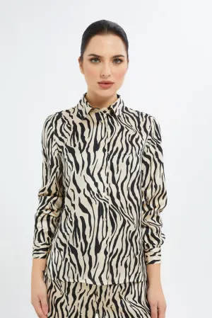 Women Black And Beige Collared Blouse