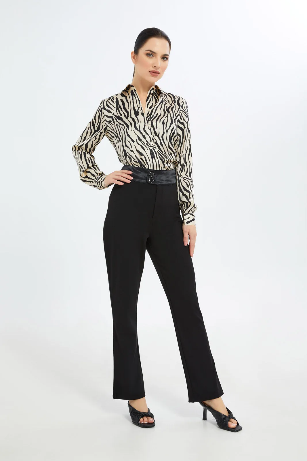 Women Black And Beige Collared Blouse