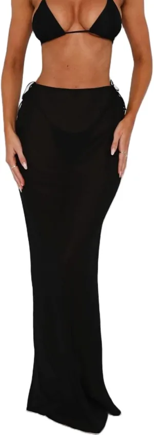 Women Floral Sheer Mesh Midi Skirt See Through High Waist Bodycon Long Skirt Boho Cover Up Summer Beach Skirts