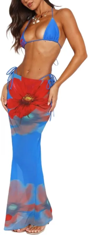 Women Floral Sheer Mesh Midi Skirt See Through High Waist Bodycon Long Skirt Boho Cover Up Summer Beach Skirts