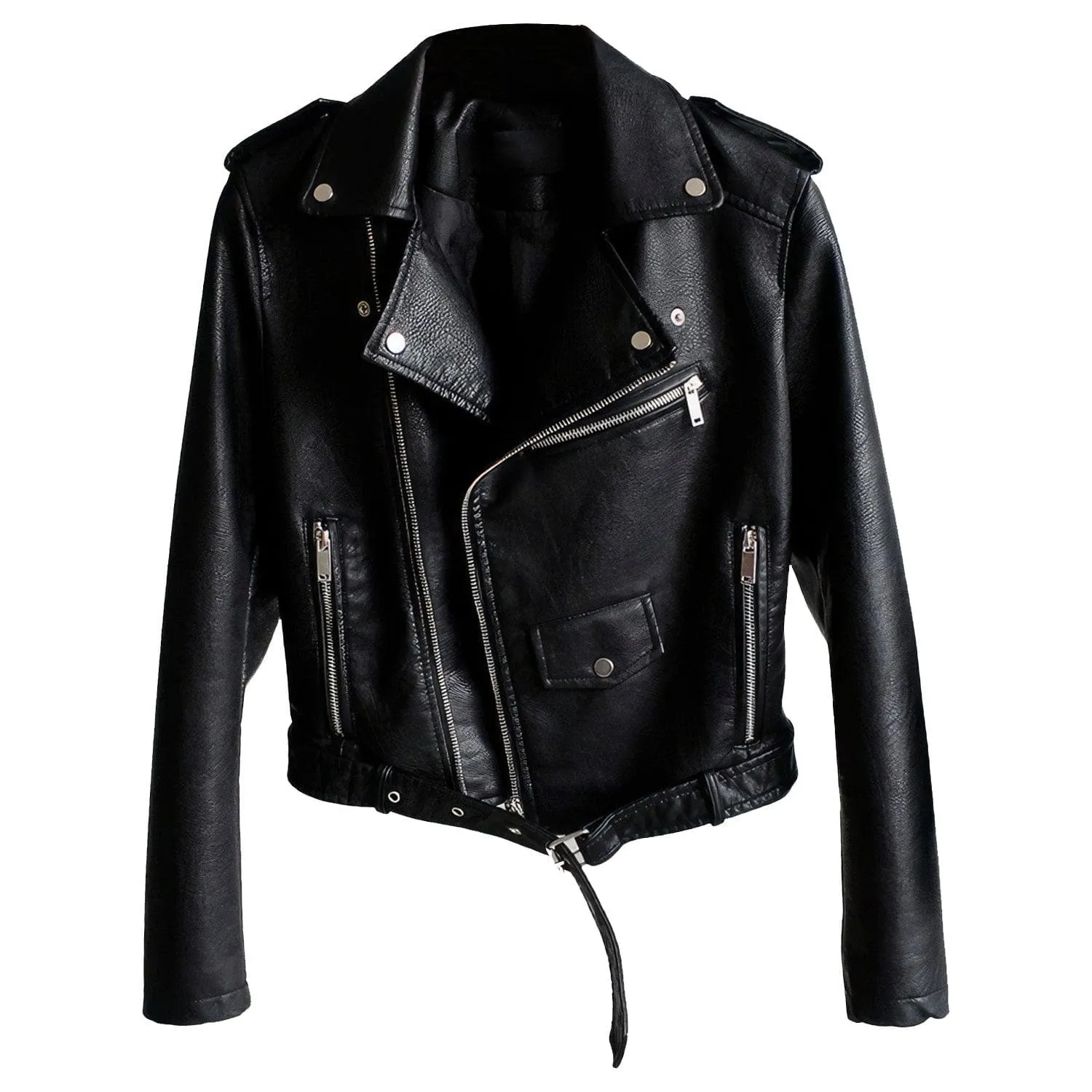 Women’s Black Real Sheepskin Belted Slim Fit Biker Jacket | Real Leather