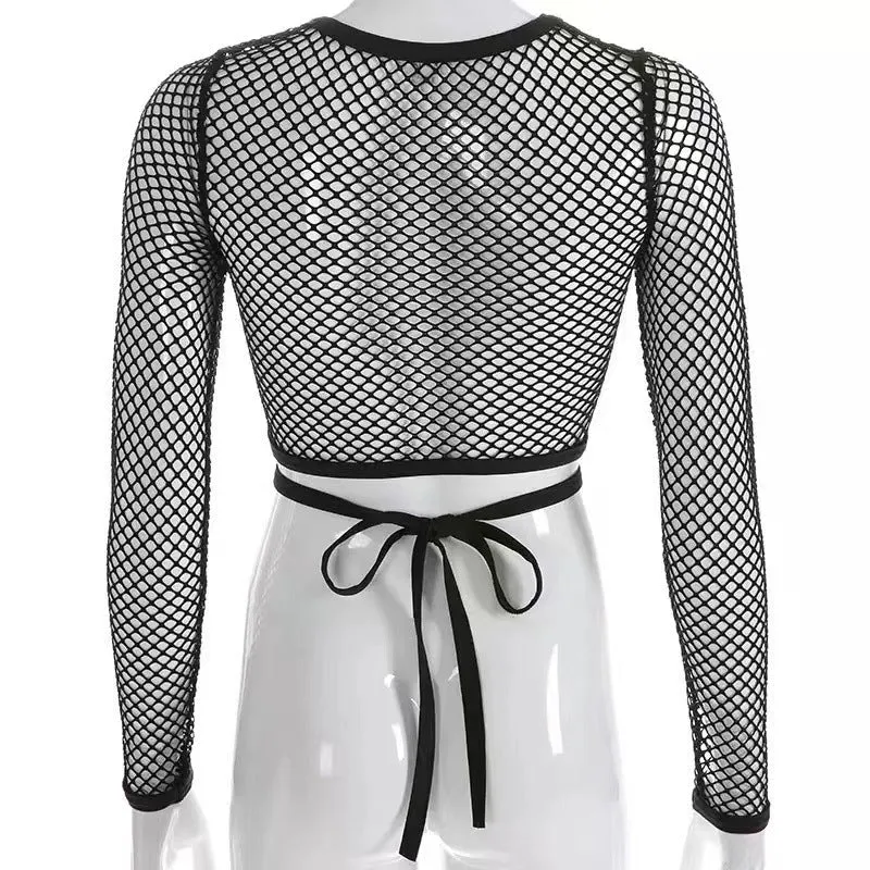 Women's Fashionable Mesh Round Neck Hollow Out Blouses