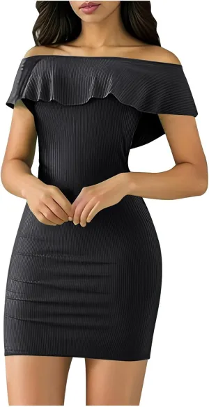 Women's Sexy Bodycon Off The Shoulder Mini Dress Ruffle Trim Cocktail Party Tight Short Dresses Naughty Prom Dress