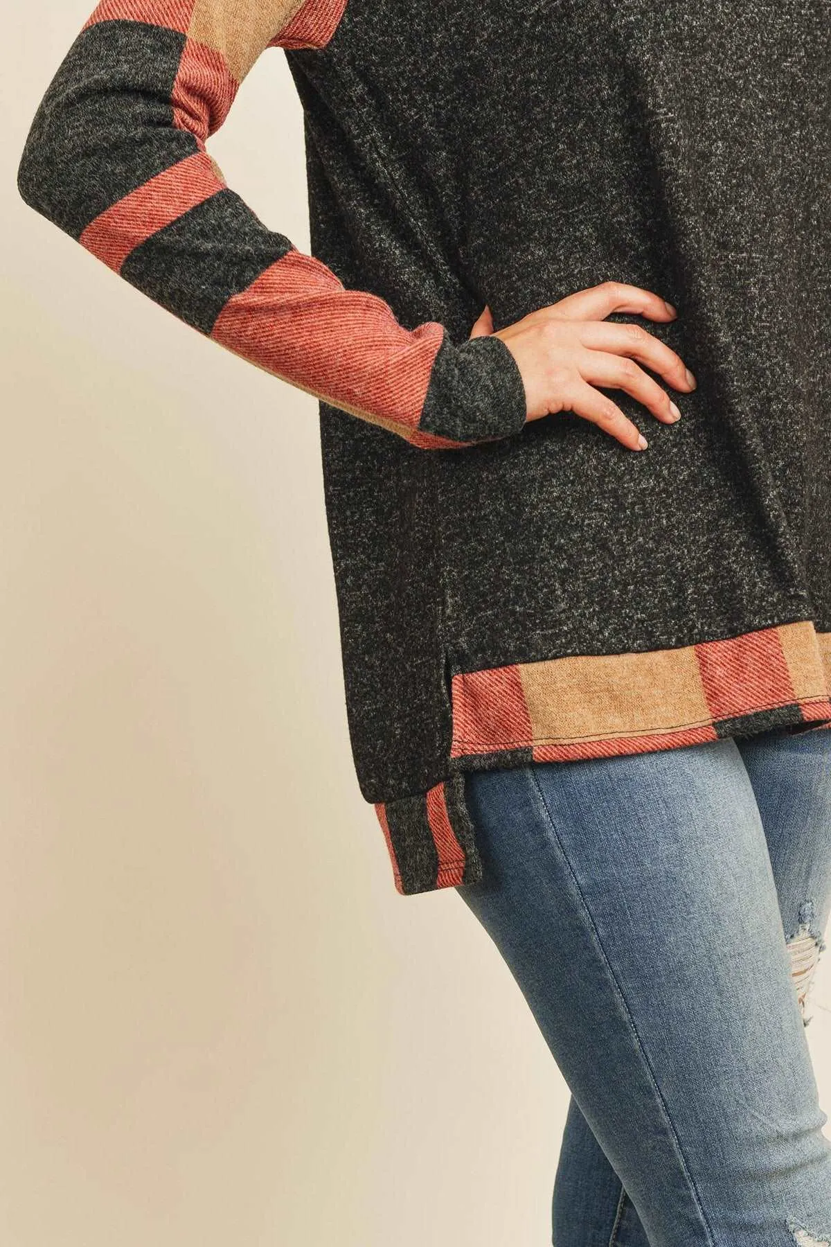 Women’s Winter Top with Hacci Plaid Pattern & Cozy Long Back Hem